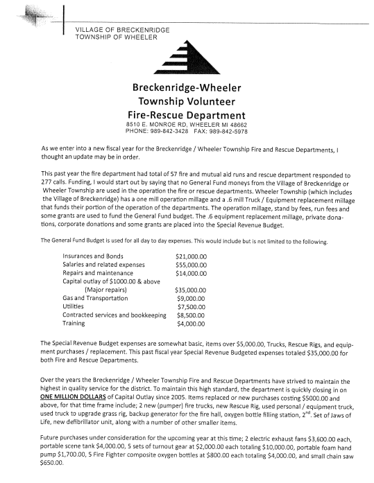Fire Department Captial Asset Report